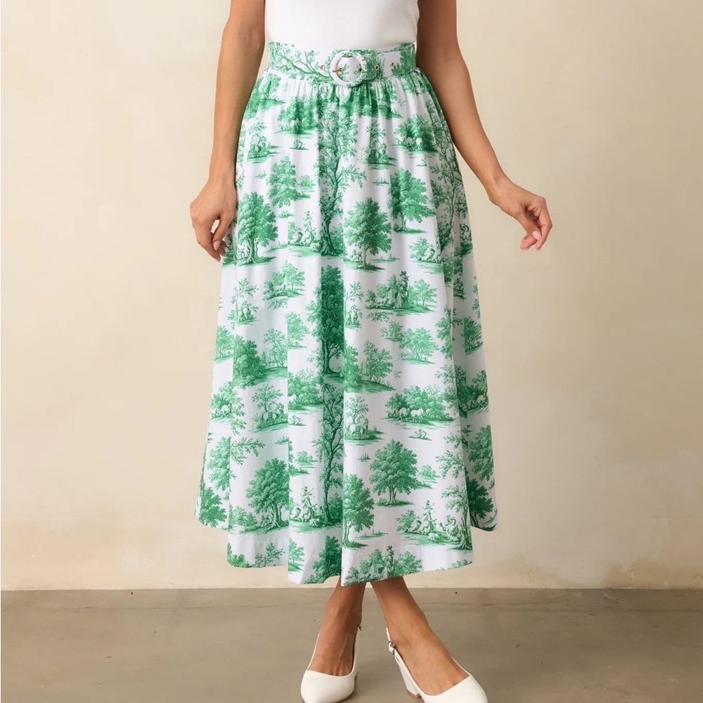 Prosperina Thena Eden Green Toile Belted Midi Skirt - Picture 2 of 4
